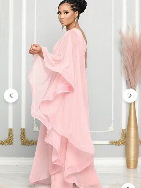 One Shoulder Single Long Sleeve Ruffled Trim Cape Straight Leg Pink Jumpsuit